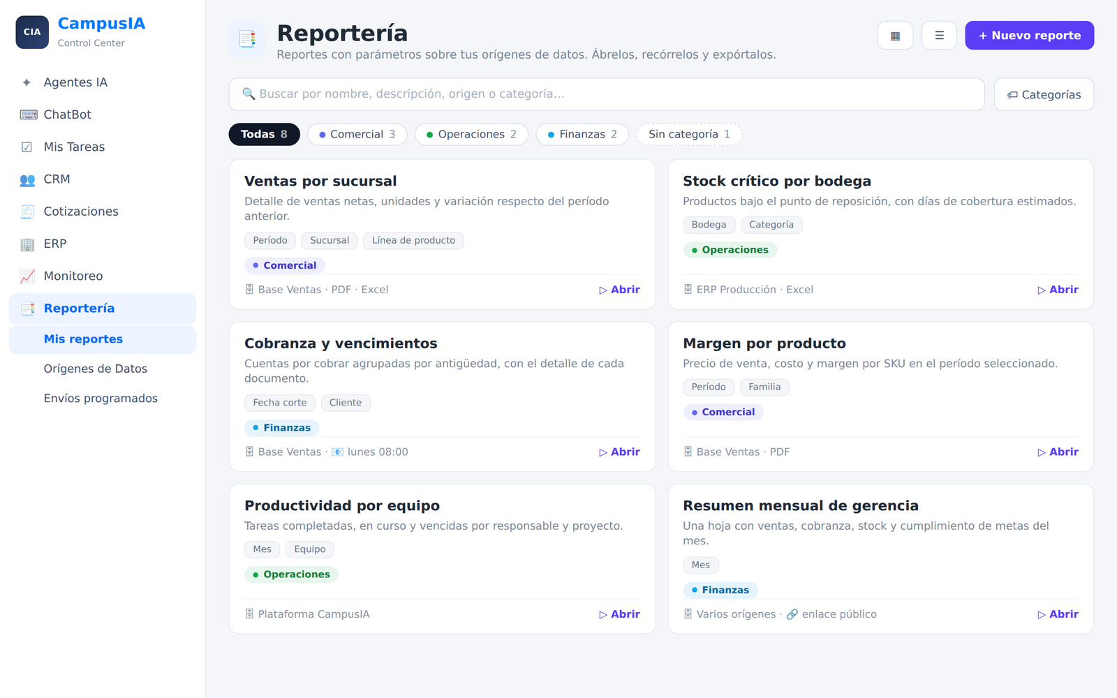 Listado de reportes del módulo de Reportería de CampusIA