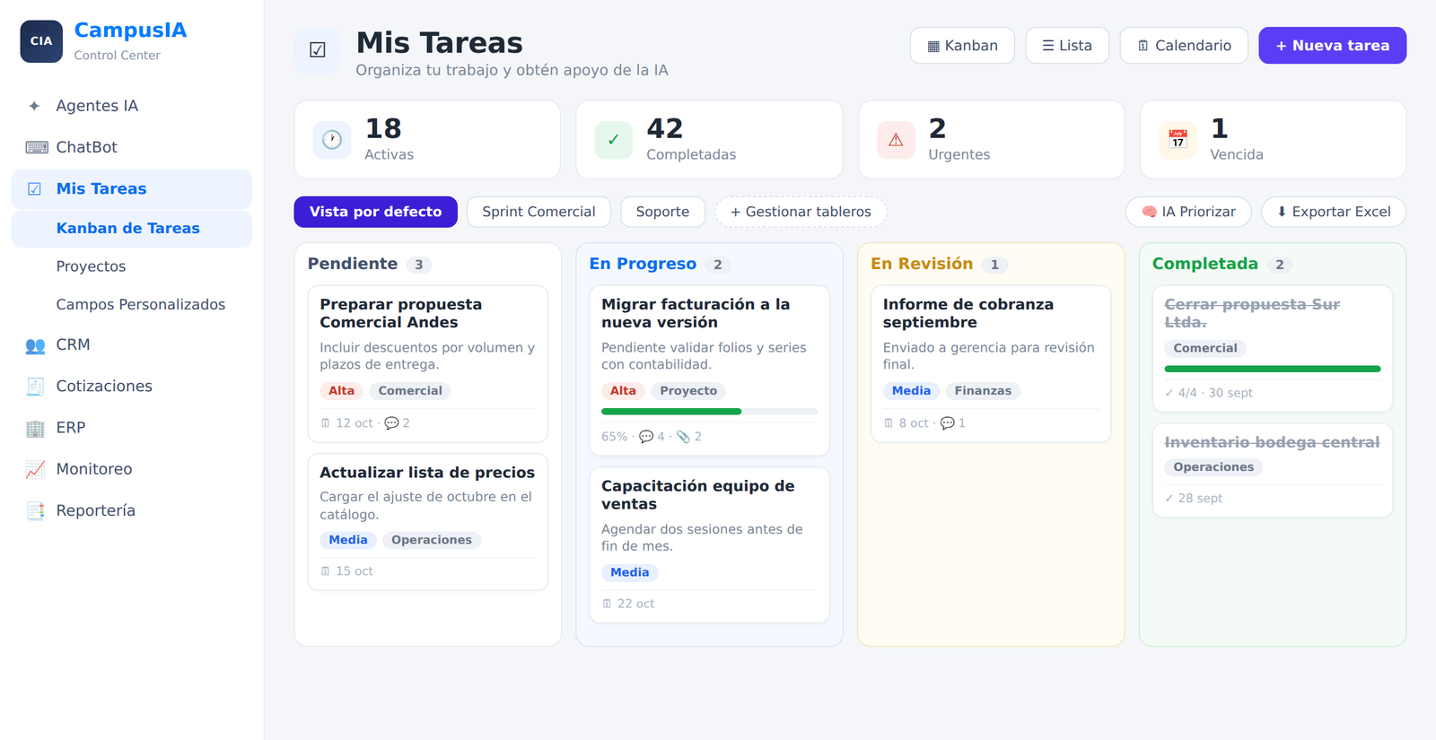 Tablero Kanban del módulo de Tareas y Proyectos de CampusIA
